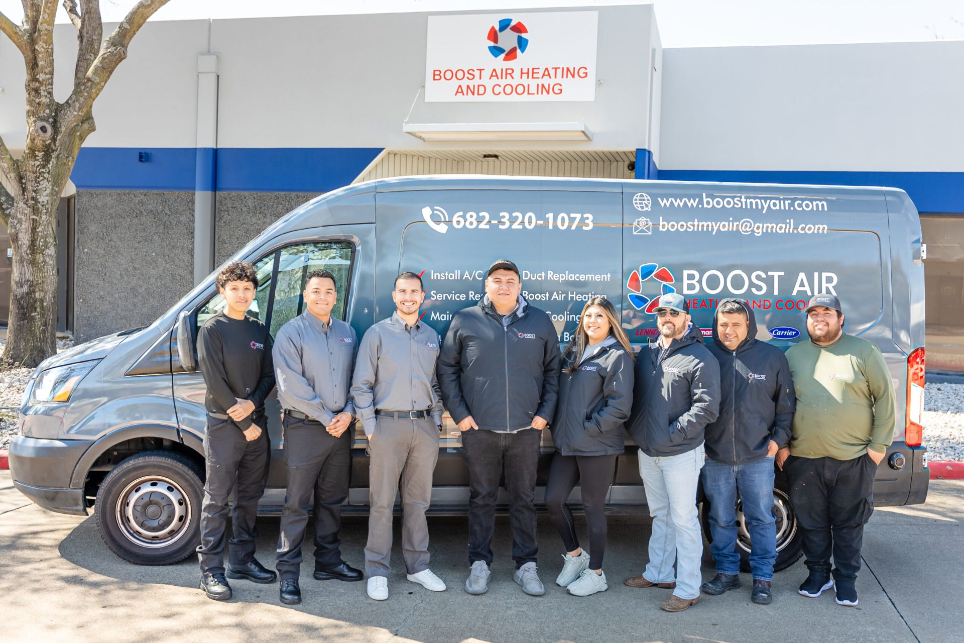 Boost Air And Plumbing team with company service van in Arlington, TX
